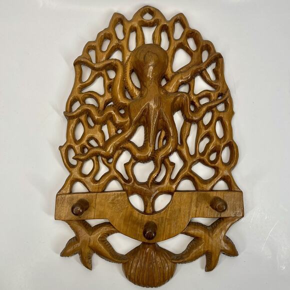 Unbranded Other - Vintage Coat Clothing Hat Rack Wall Hanging Wood Octopus Nautical Hand Carved